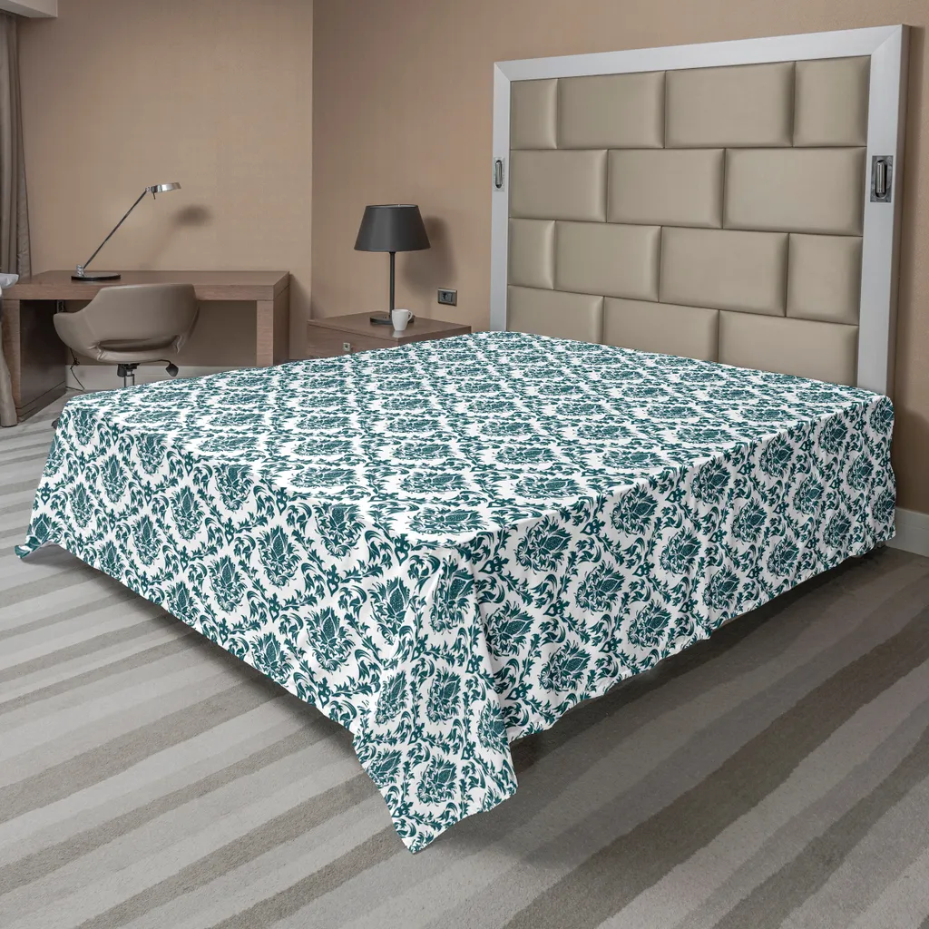 ABAKUHAUS Lenzuolo in damasco, damasco Tonte Floral Sprigs Baroque Property Pattern Motivo dettagliato, lenzuolo morbido e confortevole per un letto decorativo 1 pezzo 275 cm x 260 cm, verde bianco