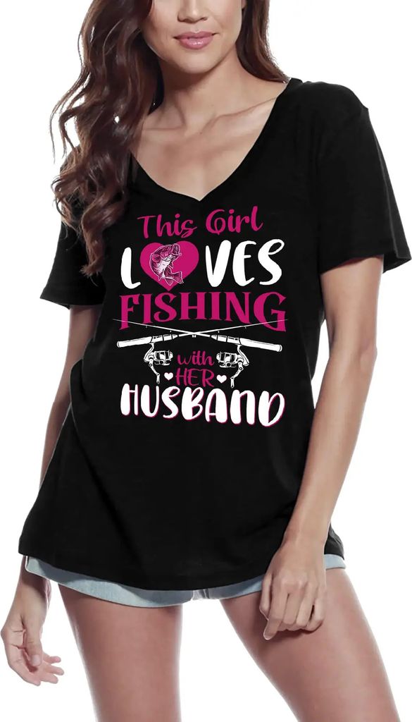 Damen Grafik T-Shirt V-Ausschnitt Dieses Mädchen liebt das Angeln mit ihrem Mann der Fischer ist – This Girl Loves Fishing With Her Husband