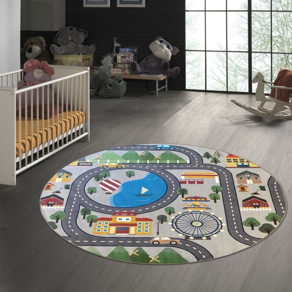 Spielteppich - Straßenteppich in Grau Größe - 200 cm Rund