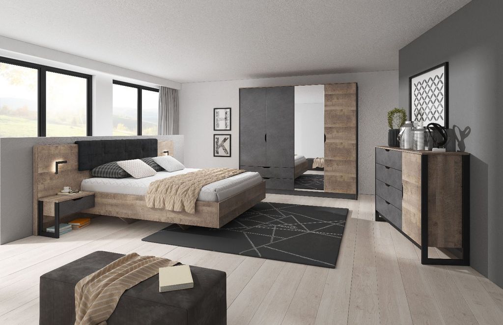 Schlafzimmer-set ARDEN Kleiderschrank 220 mit Spiegiel + Kommode+ Bett + Nachttische eiche sand grande / matera