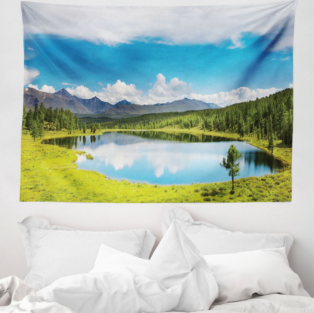 ABAKUHAUS Natur Wandteppich, Himmel Berglandschaft aus Weiches Mikrofaser Stoff Waschbar ohne Verblassen Digitaldruck, 150 x 110 cm, Grün Weiß Blau