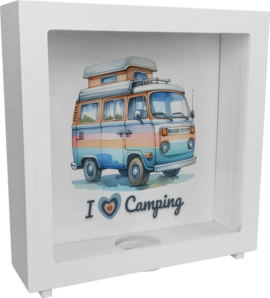 Campervan Rahmen Spardose aus Holz mit Spruch I love Produktbild 