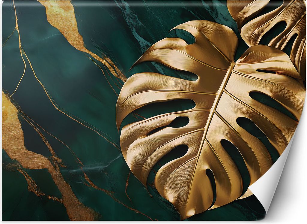 Vlies fototapete Monstera Goldblatt auf grünem Marmor-Hintergrund 200x140 cm Feeby Gold inkl. Kleber einfache Montage