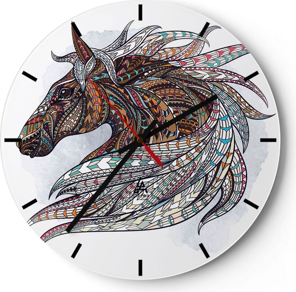 Wanduhr - Rund - Glasuhr - Pferd Eleganz Grafik Kopf - 40x40cm - Schleichendes Uhrwerk - Lautlos - zum Aufhängen bereit - Dekoration Modern - Wand...