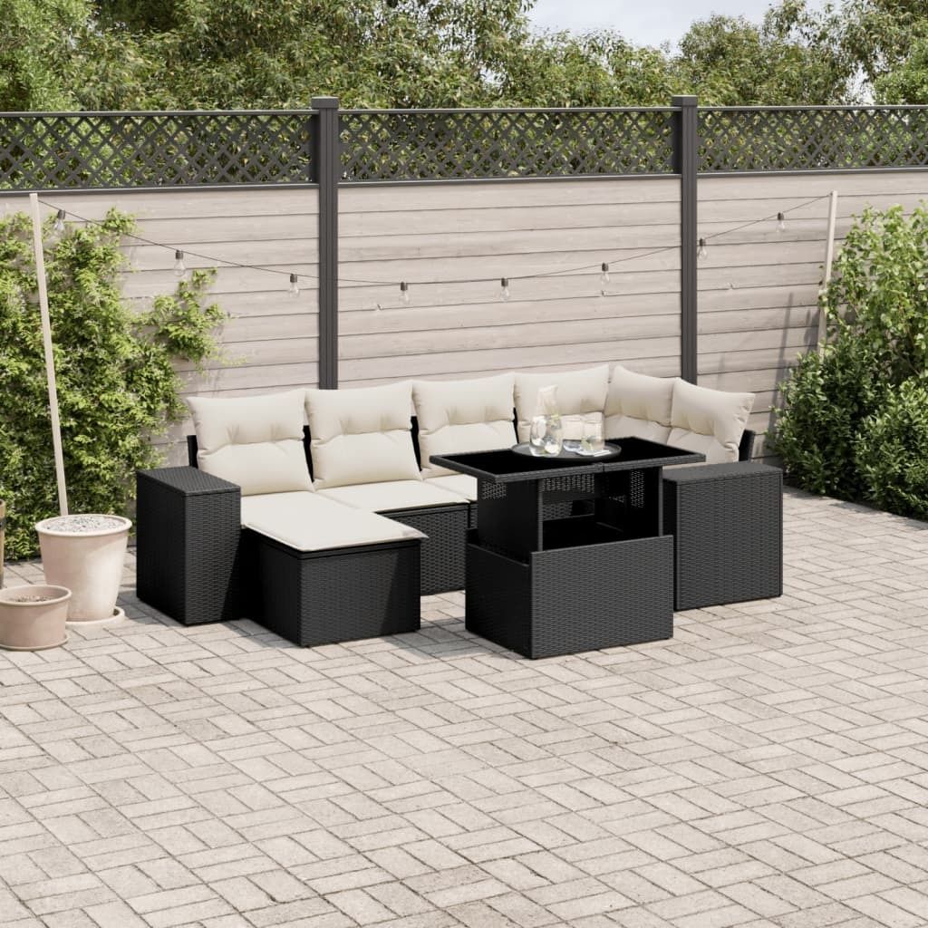 "Rabatt" 7-tlg. Garten-Sofagarnitur - mit sofa - mit Kissen Schwarz Poly Rattan - Lounge-Dining set CC10522