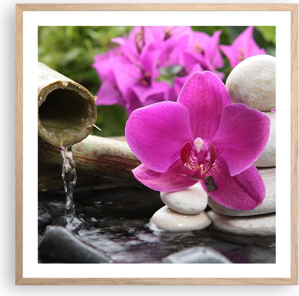 Gerahmtes Poster - Rahmen in heller Eiche - Orchidee Bambus Dekoration Spa - 60x60 cm - Wand Bild - Wanddeko - Wandbilder - Wandposter - Bilderrahm...