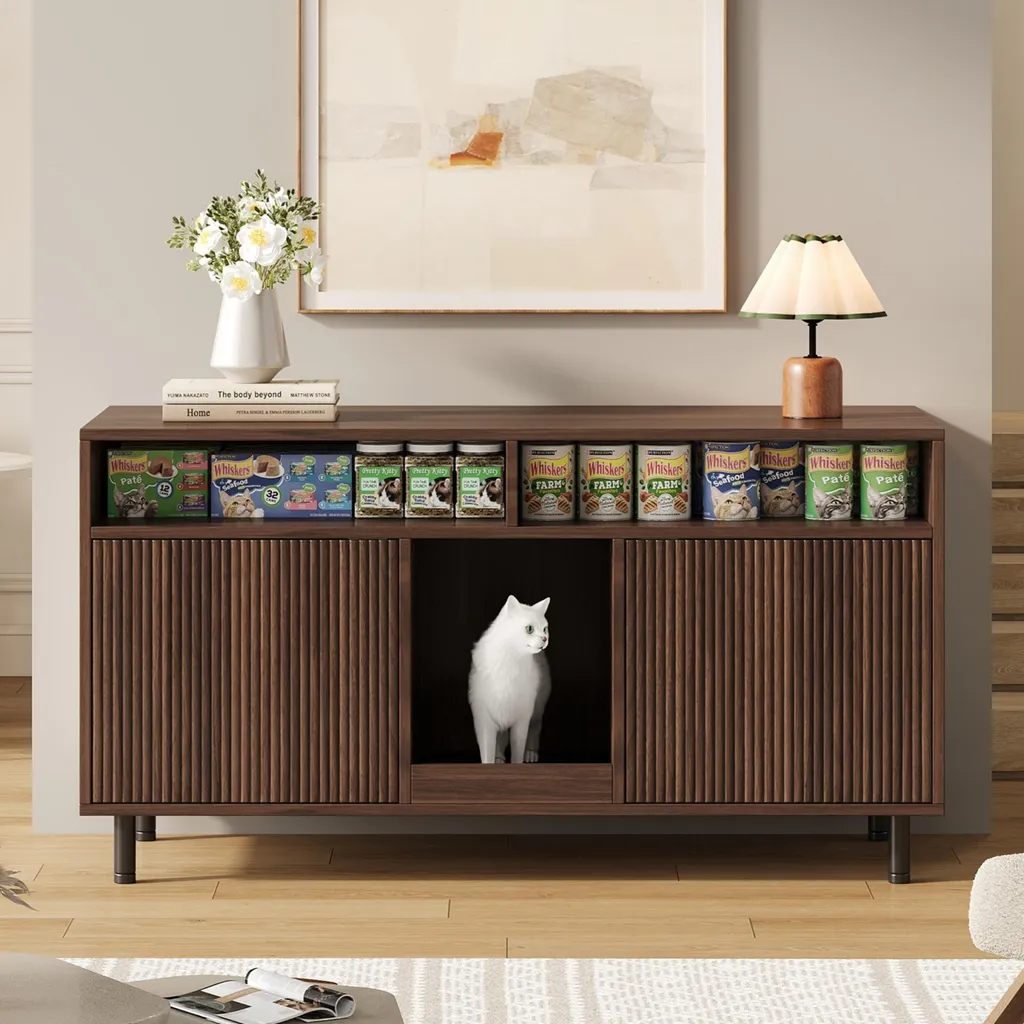 Flieks Sideboard Commode Noyer avec Espace Litière Chat et Tapis de Sable