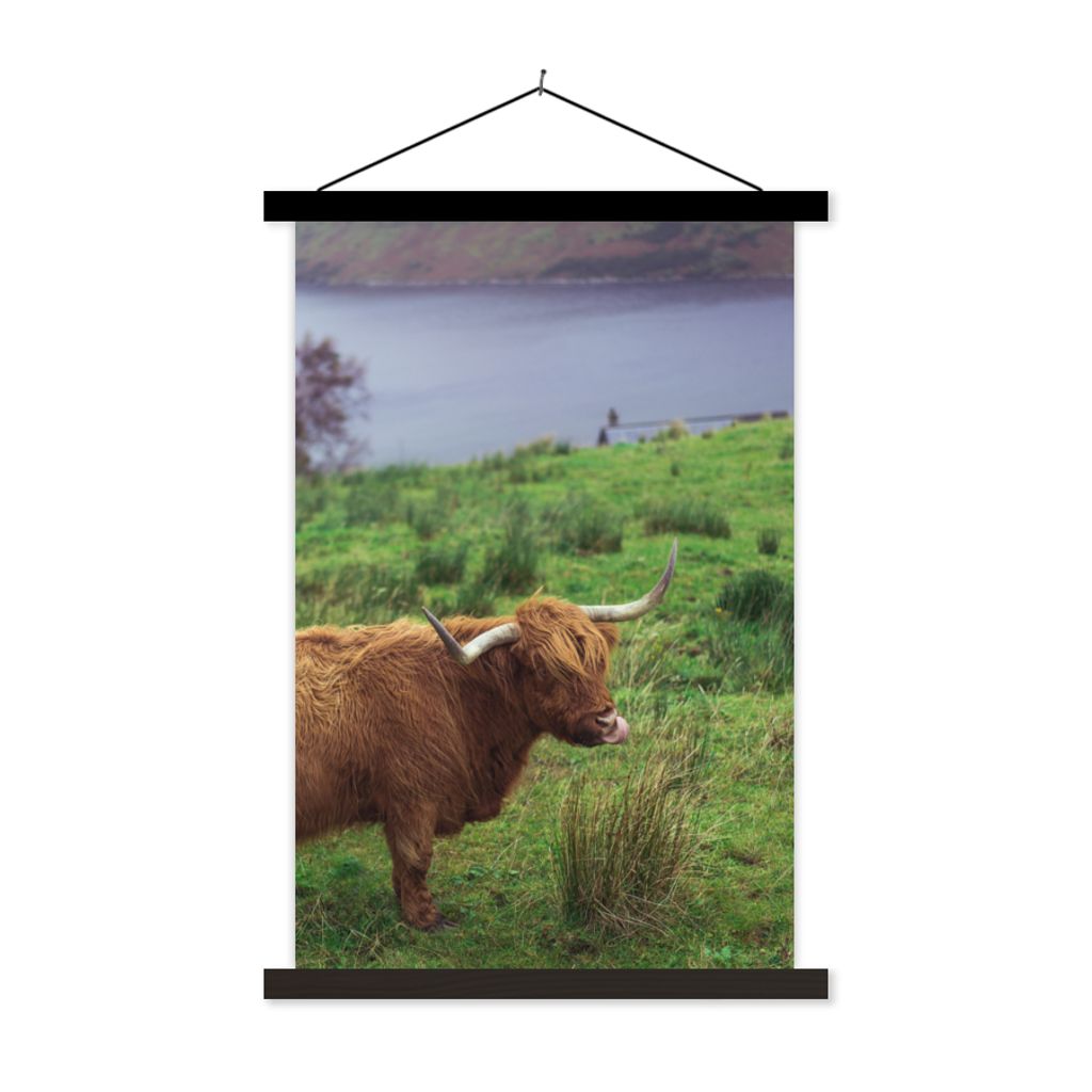 MuchoWow Textilposter Schottische Highlander - Gras - Wasser - Tiere 120x180 cm mit schwarzem Rahmen - Fotos