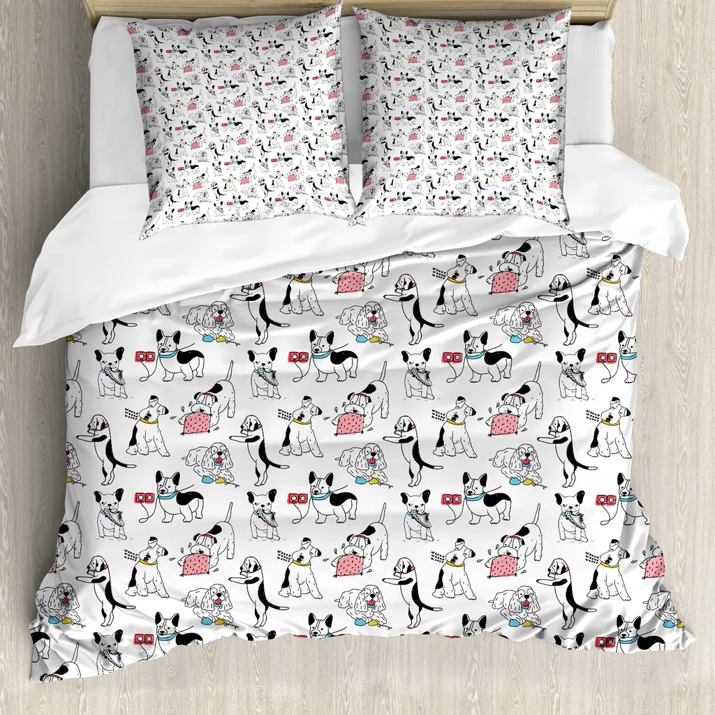 Housse de couette 155x220 cm motifs chiens rigolos avec taie d'oreiller