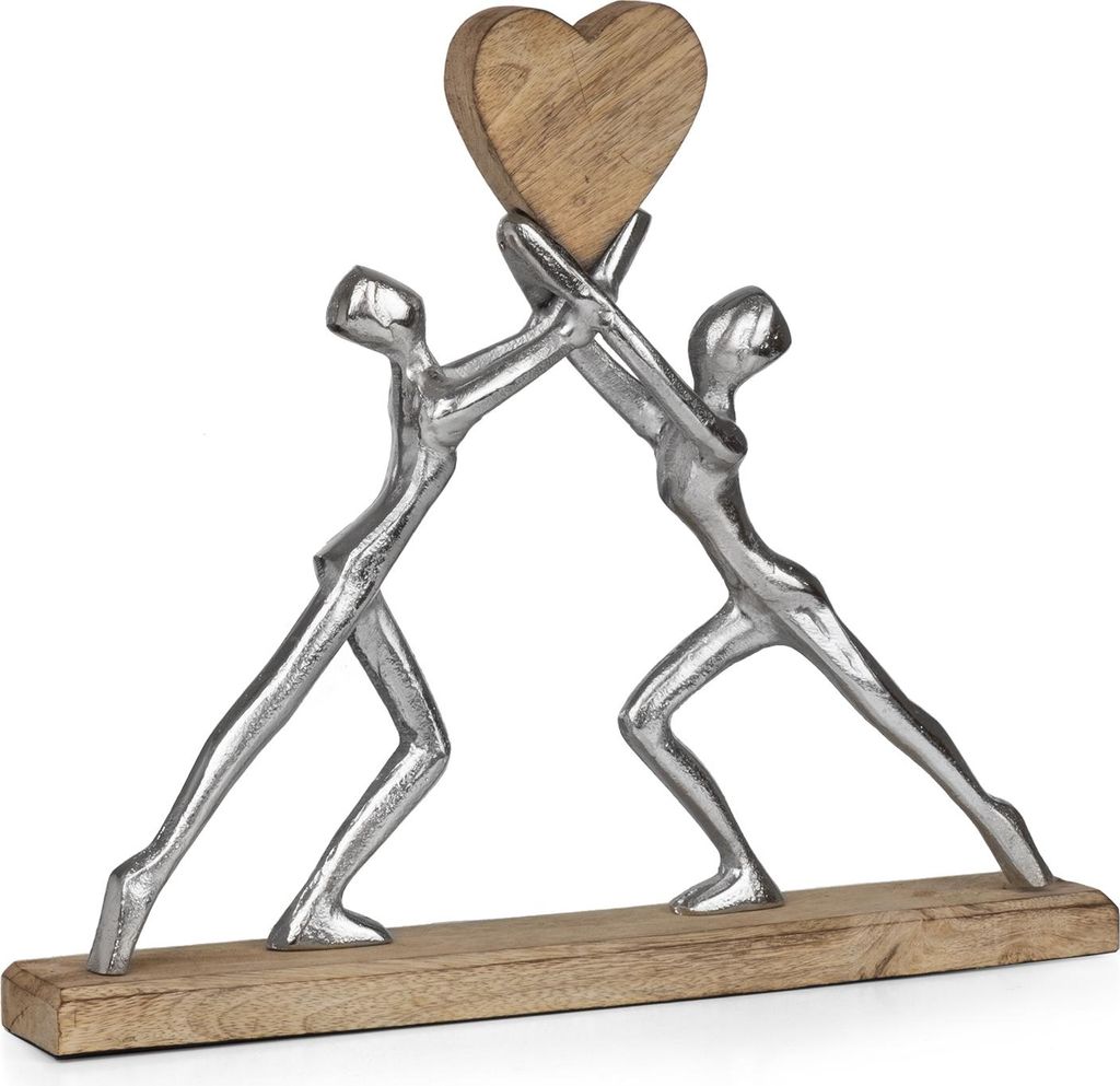 Moderne Aluminium-Skulptur mit Holzherz 38 x 6 x 33 cm - Figur Zusammenhalt aus Metall auf Mangoholzsockel - stilvolle Deko-Skulptur für Wohnzimme...
