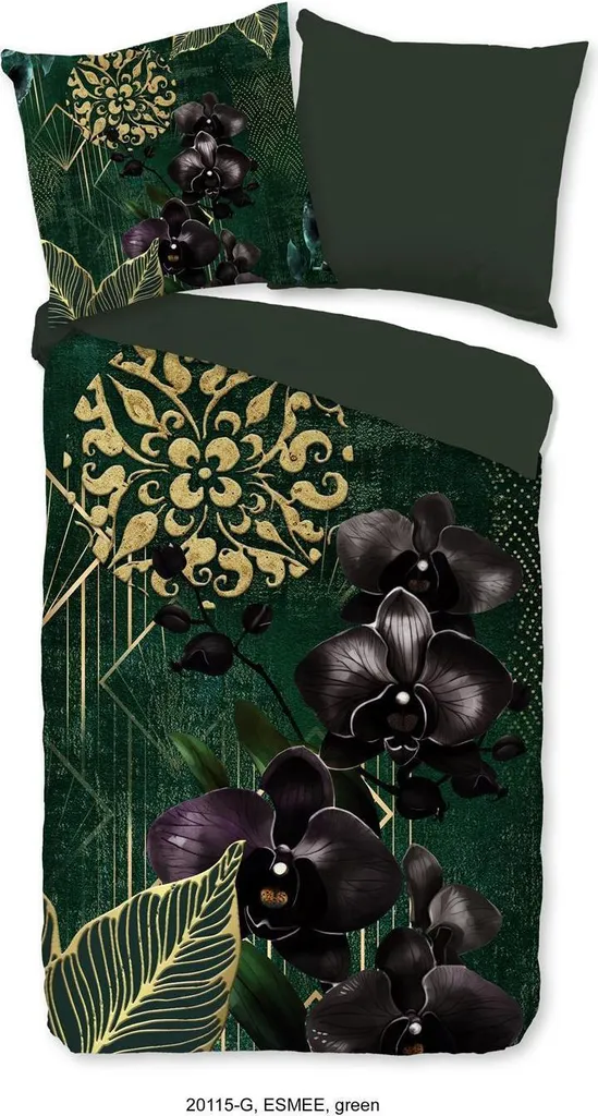 Bettbezug "orchidee ed elementi dorati" - Grün - (200x200 cm) - Baumwolle