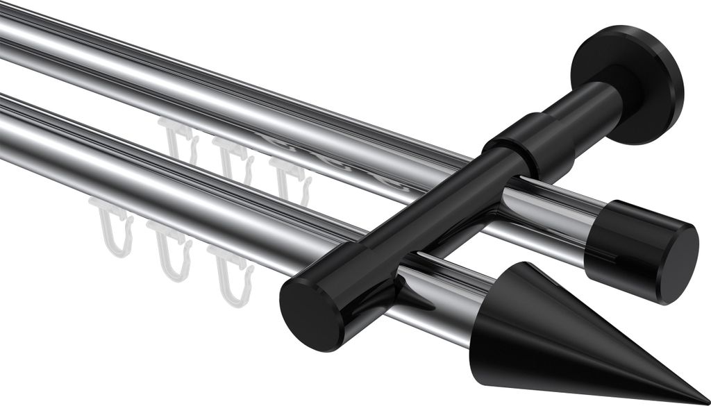 Interdeco Innenlaufstange / Gardinenstange mit Innenlauf Chrom / Schwarz, Typ Prestige Savio (Kegel), 20 mm Ø 2-läufig, 280 cm