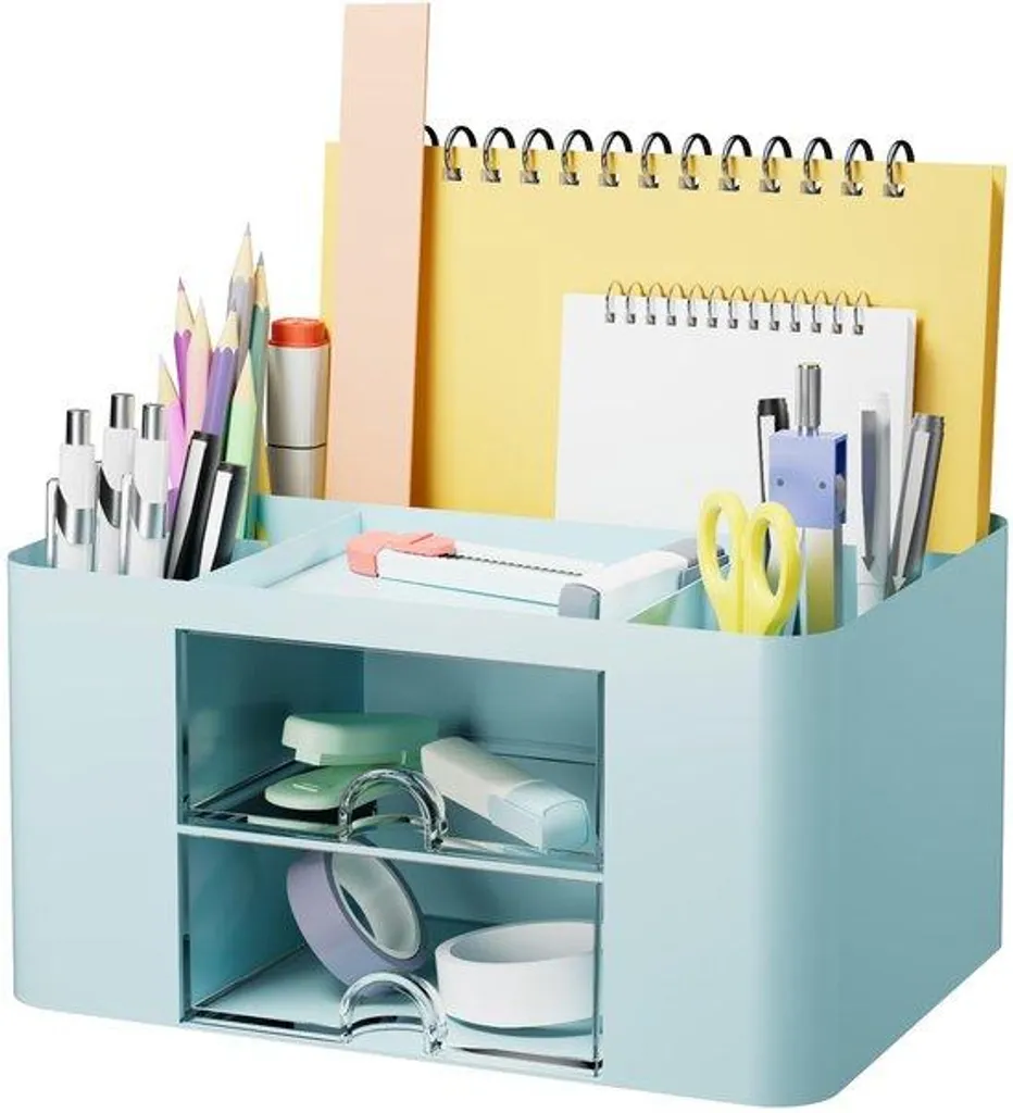 Organiseur de bureau bleu à 5 compartiments et 2 tiroirs de rangement