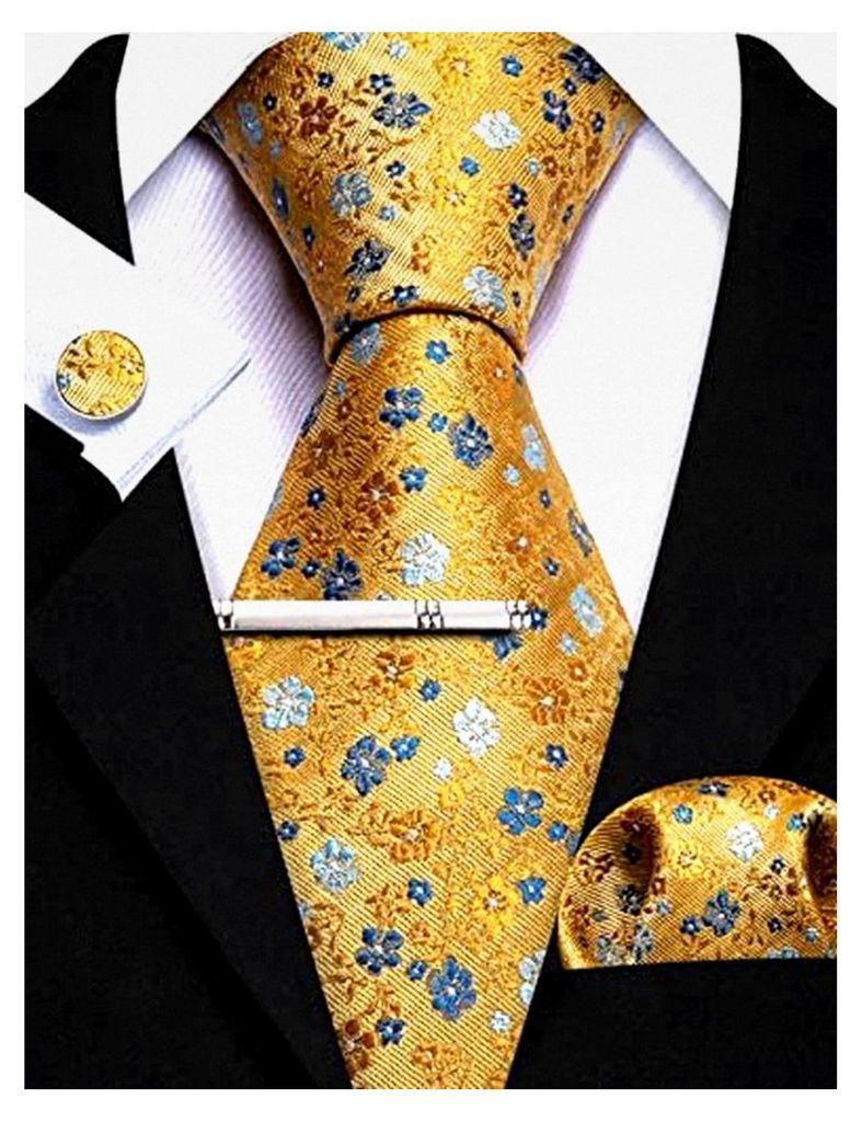 Krawatten-Set für Herren, klassisch, Satin, Krawatte, Einstecktuch, Manschettenknöpfe, Clip, 4 Teile, Gelbes Blumenmuster, Einheitsgröße