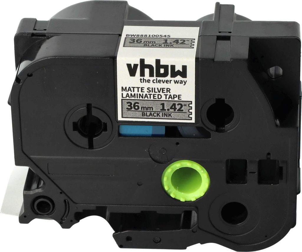 vhbw Schriftband-Kassette Ersatz für Brother AHe-M961, HGE-M961, HGEM961 für Etiketten-Drucker 8m x 36mm Schwarz auf Matt-Silber, Laminiert