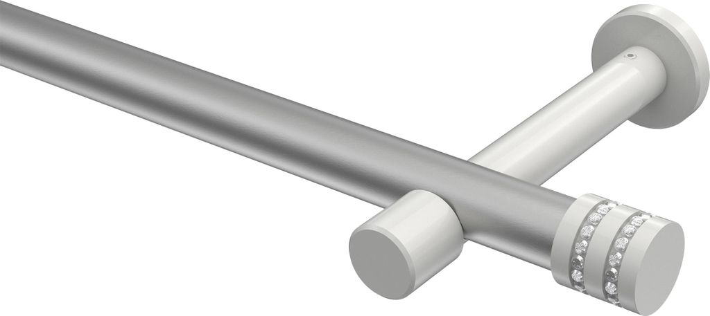 Interdeco Gardinenstange / Vorhangstange Silbergrau / Weiß, Typ Prestige Estana (Glitzerkappe) ohne Ringe, 20 mm Ø 1-läufig, 240 cm