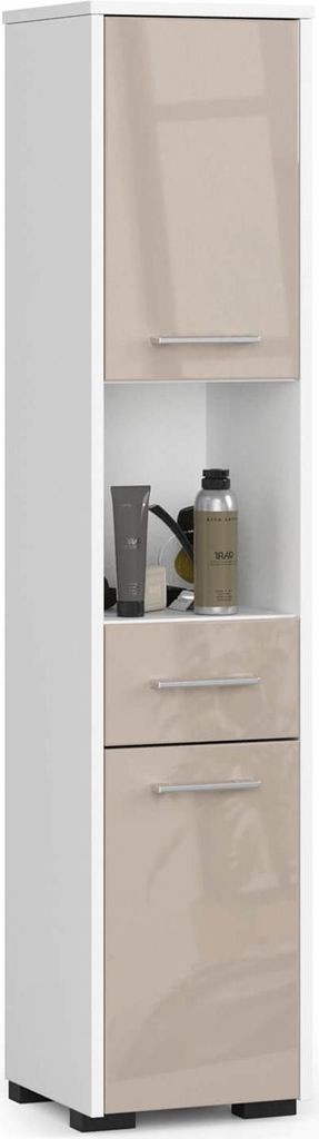 Badezimmerschrank – Badschrank – Badmöbel Schrank – FIN – 30 cm – Weiß / Beige Hochglanz – Platzsparende Aufbewahrung mit Schublade