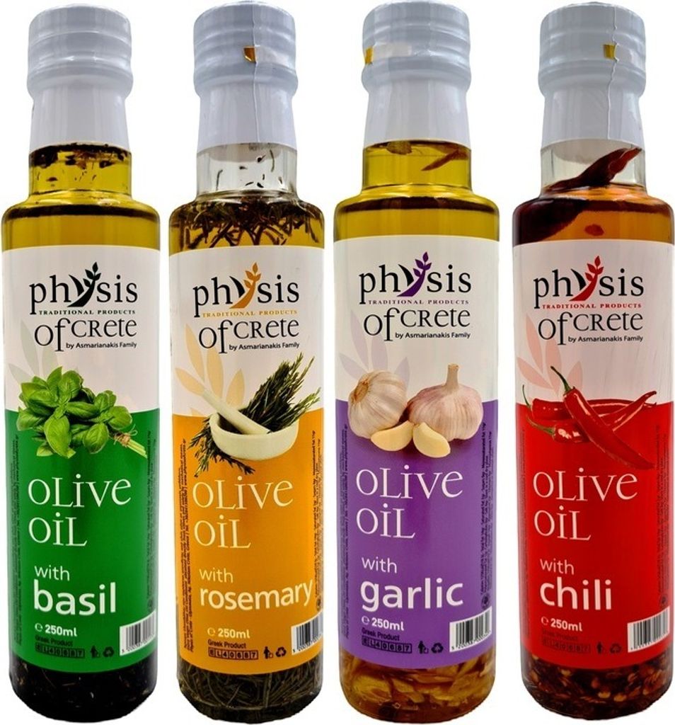 Physis of Crete Aromatisierte Olivenöle 4er Set (4 × 250 ml) – Basilikum, Rosmarin, Knoblauch, Chili