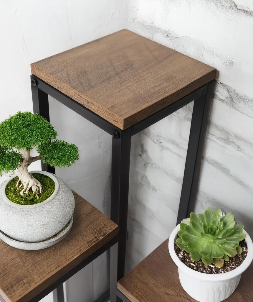 Support en métal pour 4 fleurs Chêne rustique - Porte-plante robuste - 10