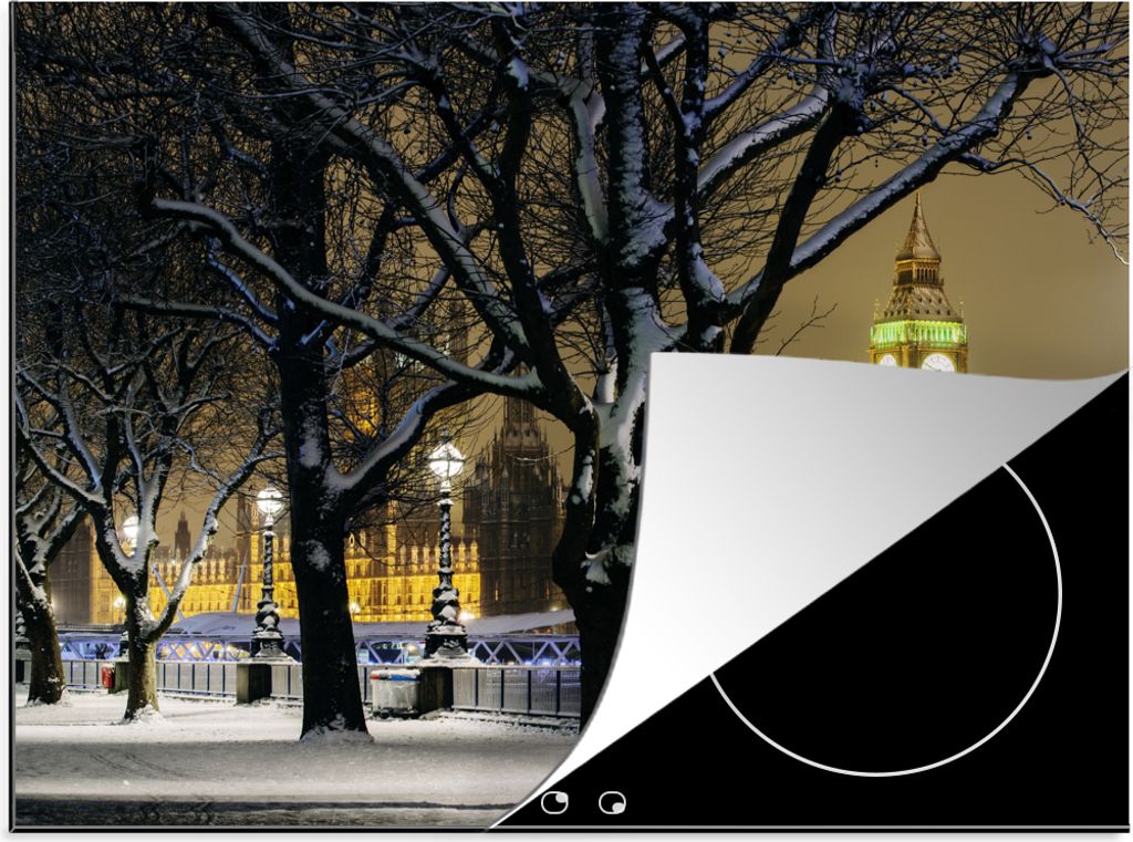 KitchenYeah Herdabdeckplatte Winter - Big Ben - London , 58x51cm, Küche Deko, Glaskeramikkochfeld Herdabdeckung, Abdeckplatte fùr Kochfeld