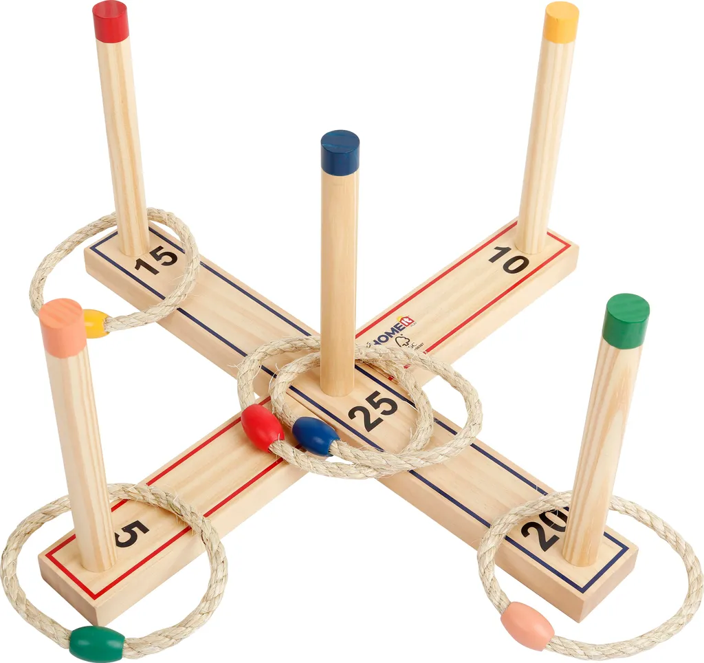 Jeu d'anneaux robuste en bois d'épicéa avec 5 anneaux de lancer durables