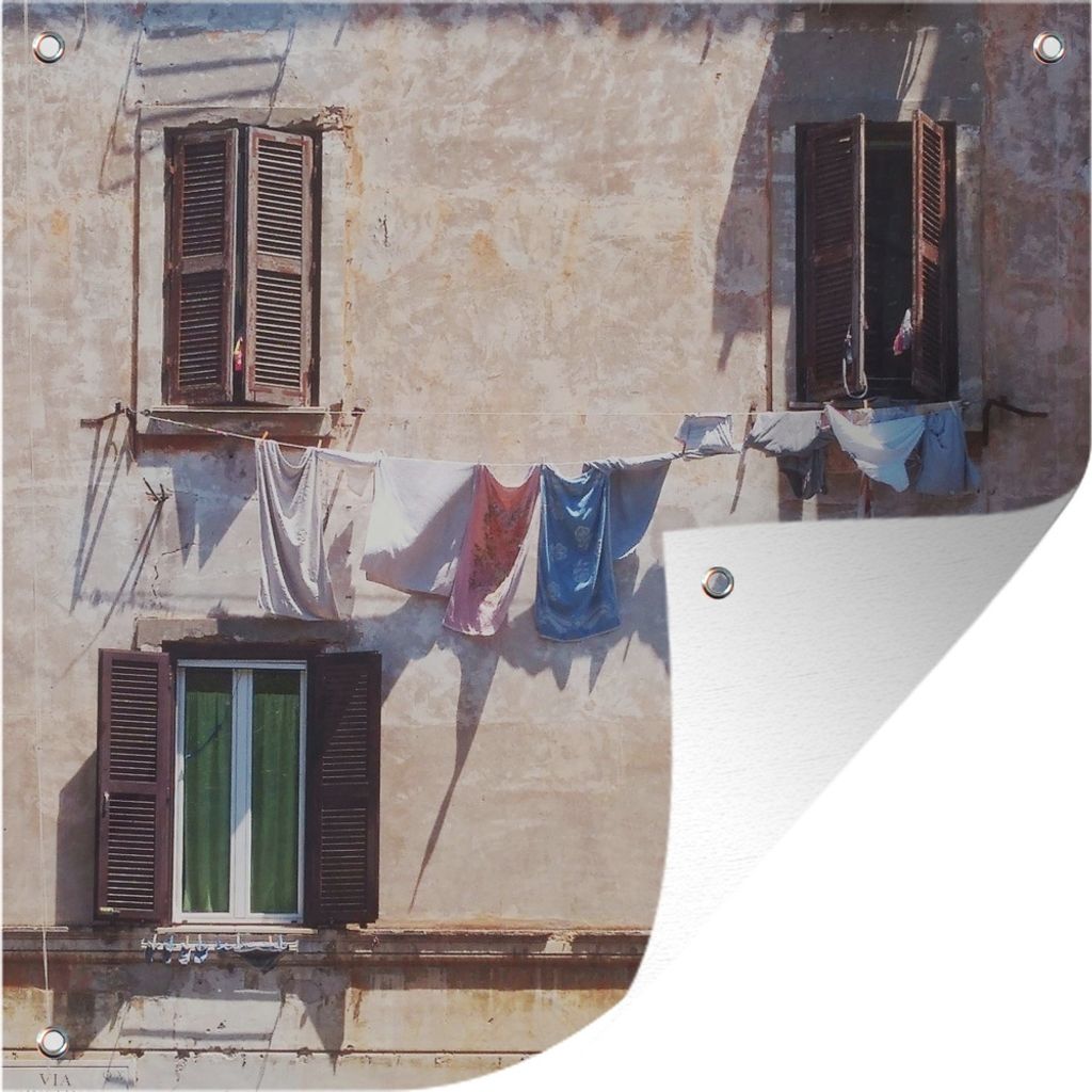 MuchoWow 100x100 cm Outdoor-Poster Gartendeko Sichtschutz Garten Poster für den Garten Wäscheleine mit Kleidung in Rom, Italien