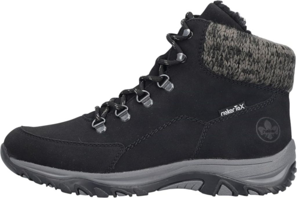 A side view of a black hiking boot with a gray sole and a knitted gray cuff.