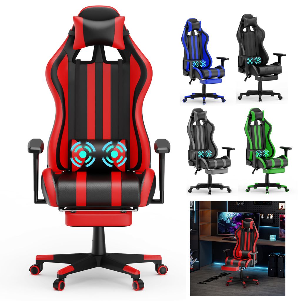 Ergonomischer Gaming Stuhl Bürostuhl Drehstuhl USB Massage Lendenkissen  Fußstütz