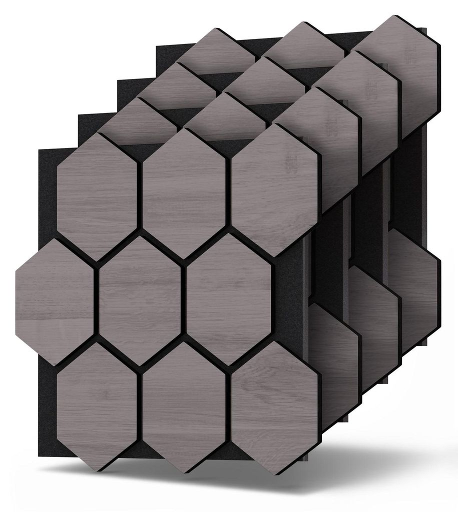 Dalsys 4x Akustikpaneele Holz 76x62cm mit Hexagon-Muster Grau - Wandpaneele Holz für Schallschutz in Büro- & Wohnräumen - Akustik Paneele Wand -...