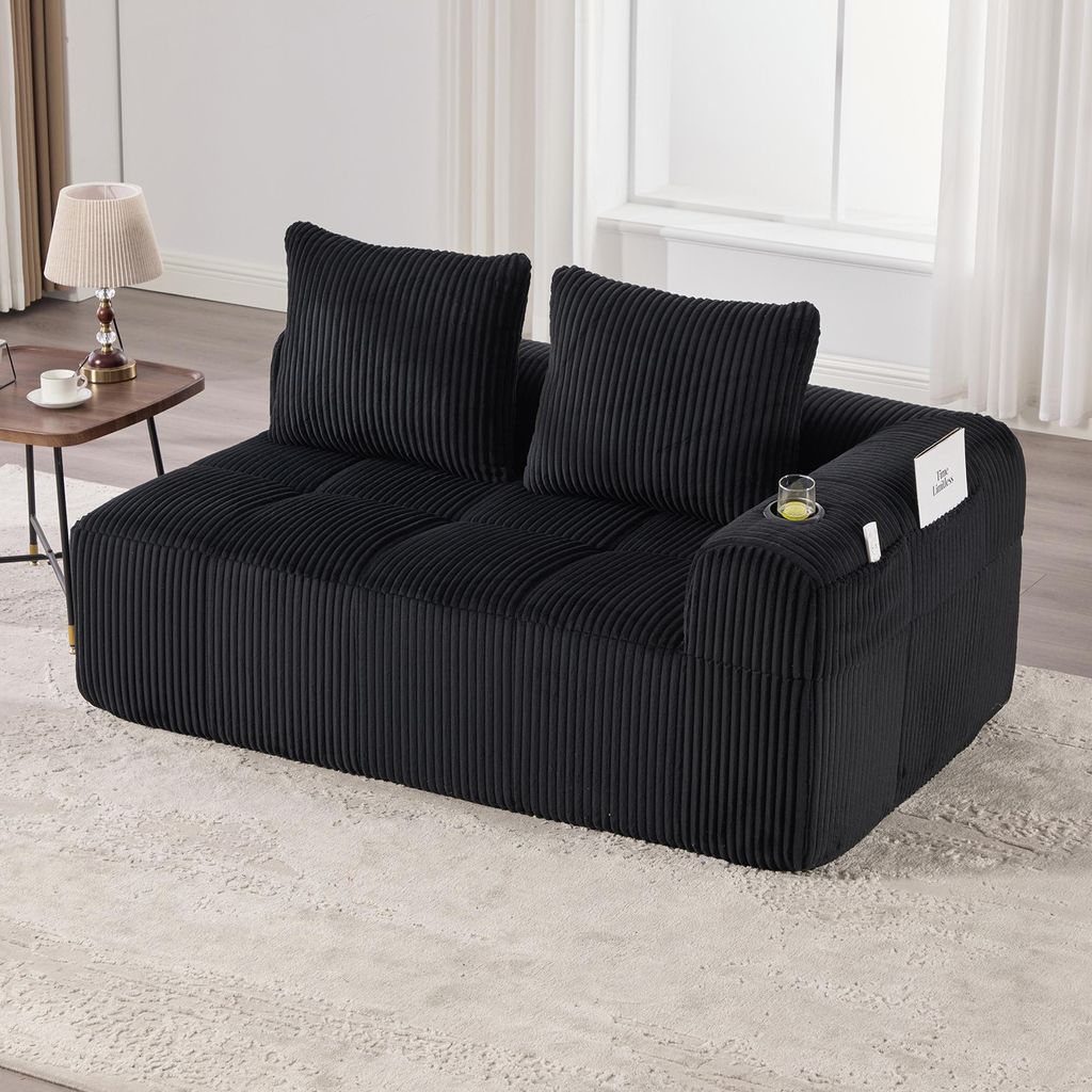 okwish Zweisitzer Sofa Liegesessel Chaiselongue Relaxsofa mit integriertem Getränkehalter und Seitenfächer,Ecksofa mit Dickflanell-Design,Schwarz