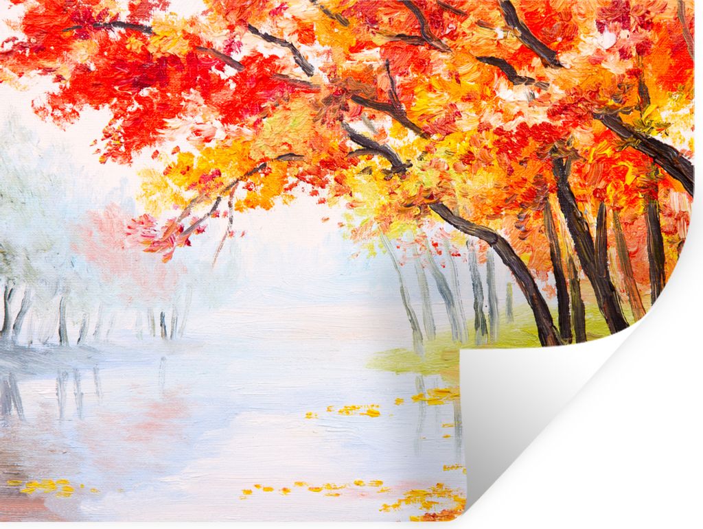 MuchoWow Wandtattoo Wandsticker Wandaufkleber Gemälde - Herbst - Bäume - Wasser - Ölfarbe 40x30 cm Selbstklebend und Repositionierbar - Falten...