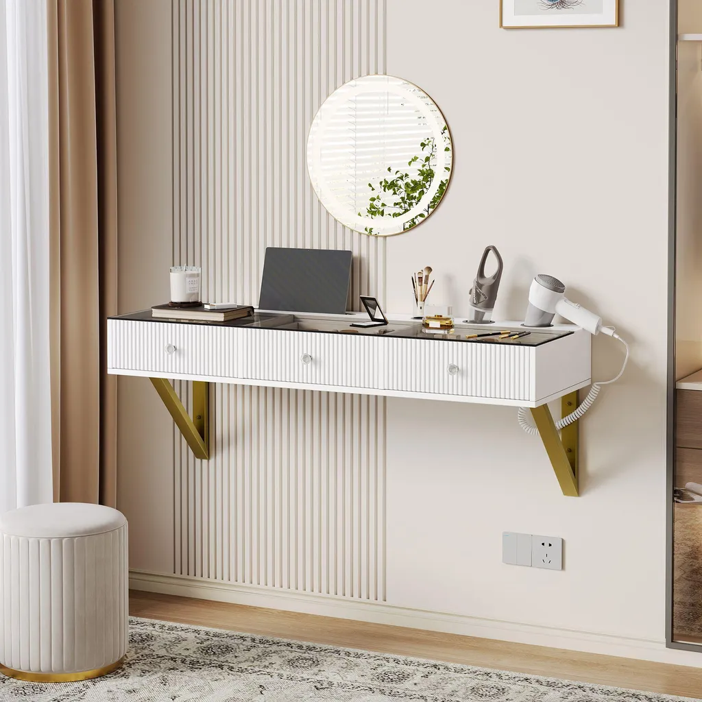 Coiffeuse Blanche 3 Tiroirs avec Séparateurs et Plateau en Verre Chic - 5