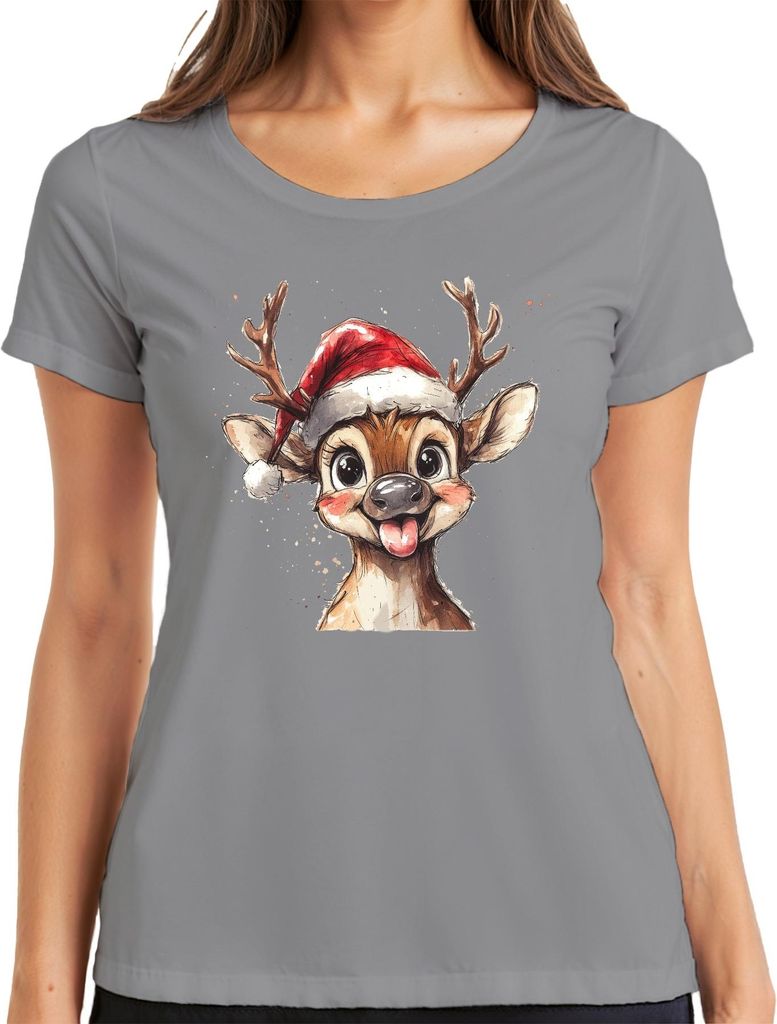 Weihnachtsrentier Lustig Zunge Niedlich Kinder Geschenk Cartoon Damen T-Shirt, Grau, 3XL