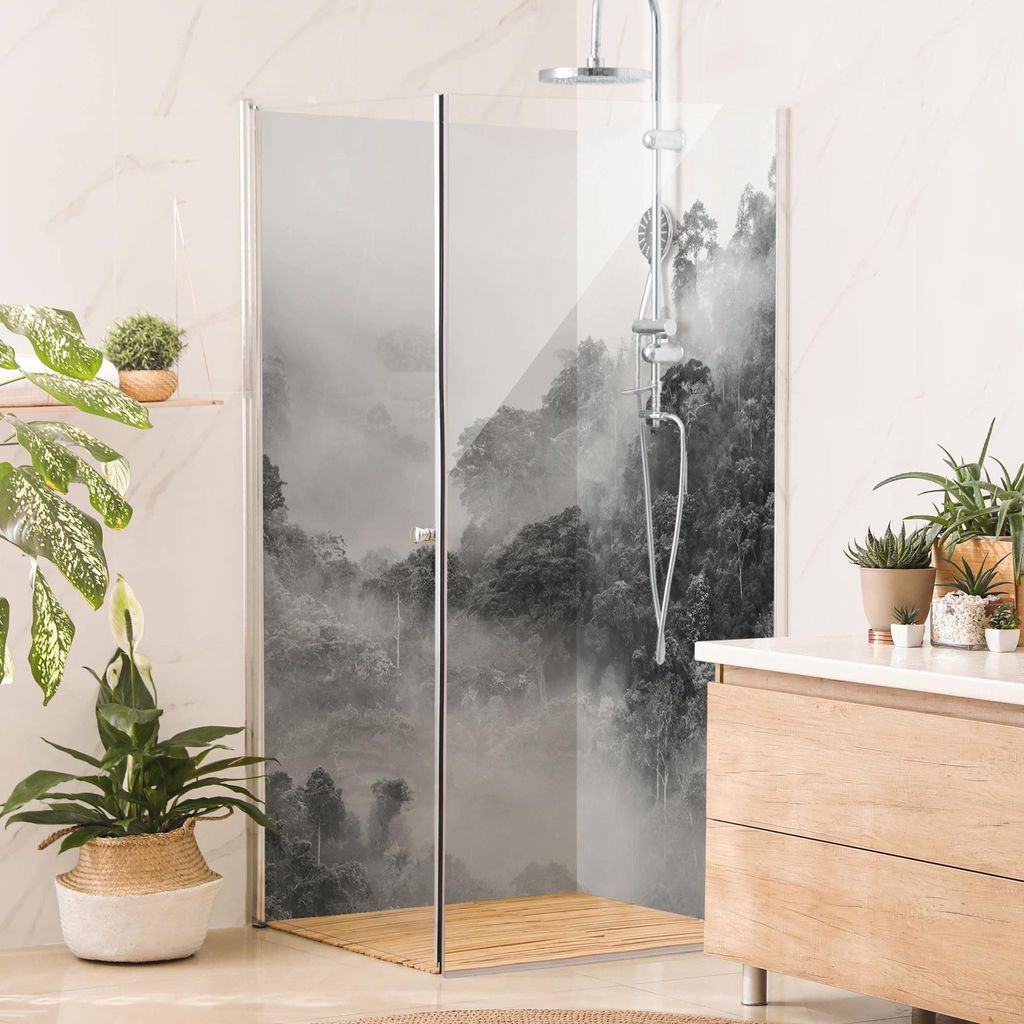 Duschrückwand Wald selbstklebend - 0.35 mm Wandpaneel wasserfest Wald schwarz weiss Tropisch Badrückwand fugenlos Smart matt 90x190 cm
