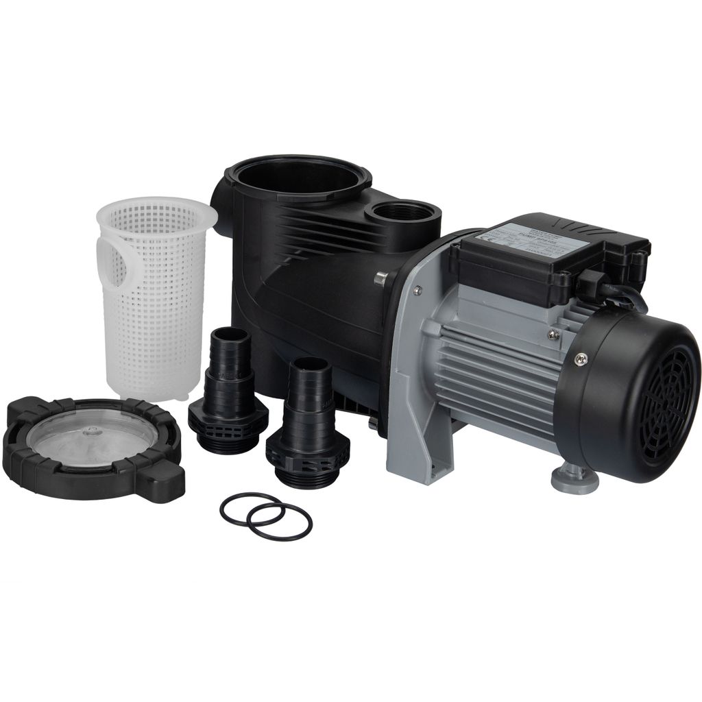 A pool pump and its accessories are displayed on a white background.