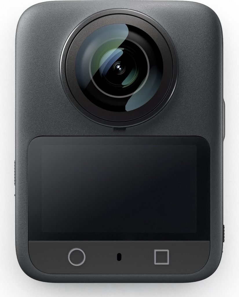 A front view of a black 360-degree action camera with a screen and lens.