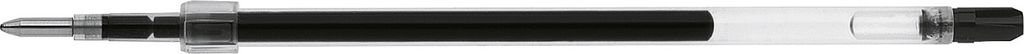 A close-up, side view of a black ink refill cartridge.