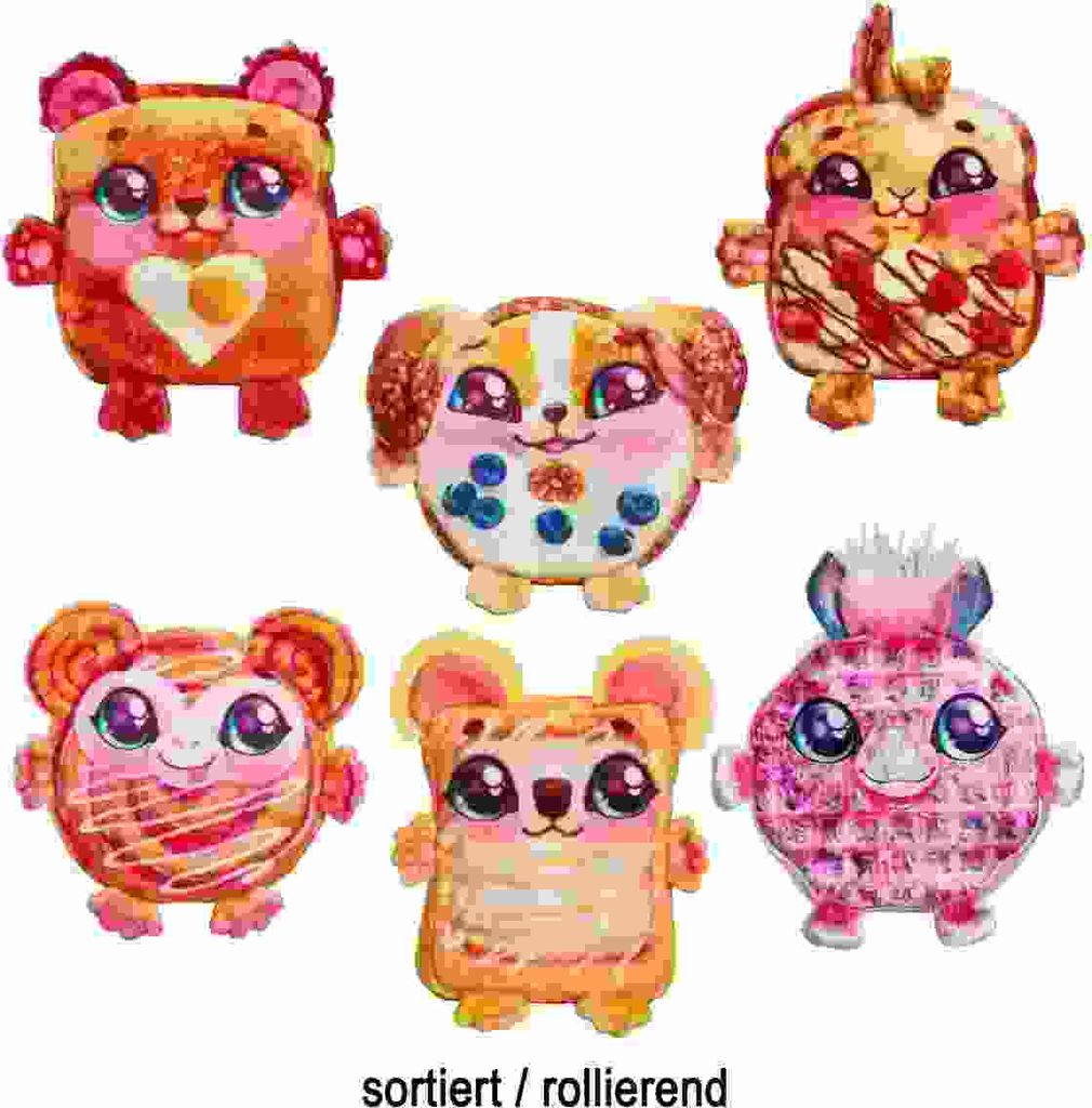 A collection of six colorful, cartoonish plush toys resembling food items, arranged in two rows.