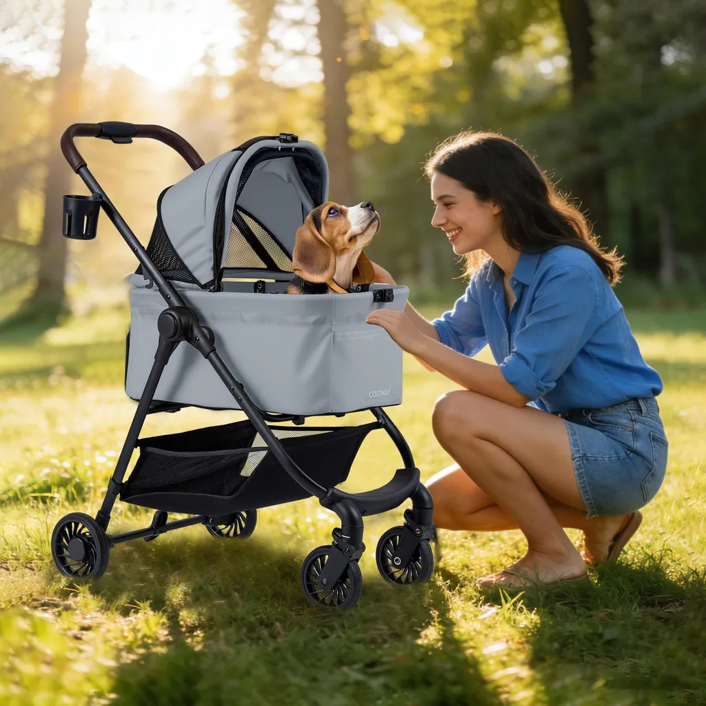 COSTWAY Passeggino per cani 3 in 1, passeggino per cani con tetto in rete regolabile, cestino e portabevande, passeggino per animali fino a 15 kg, cassa per cani pieghevole, metallo (grigio) - 2