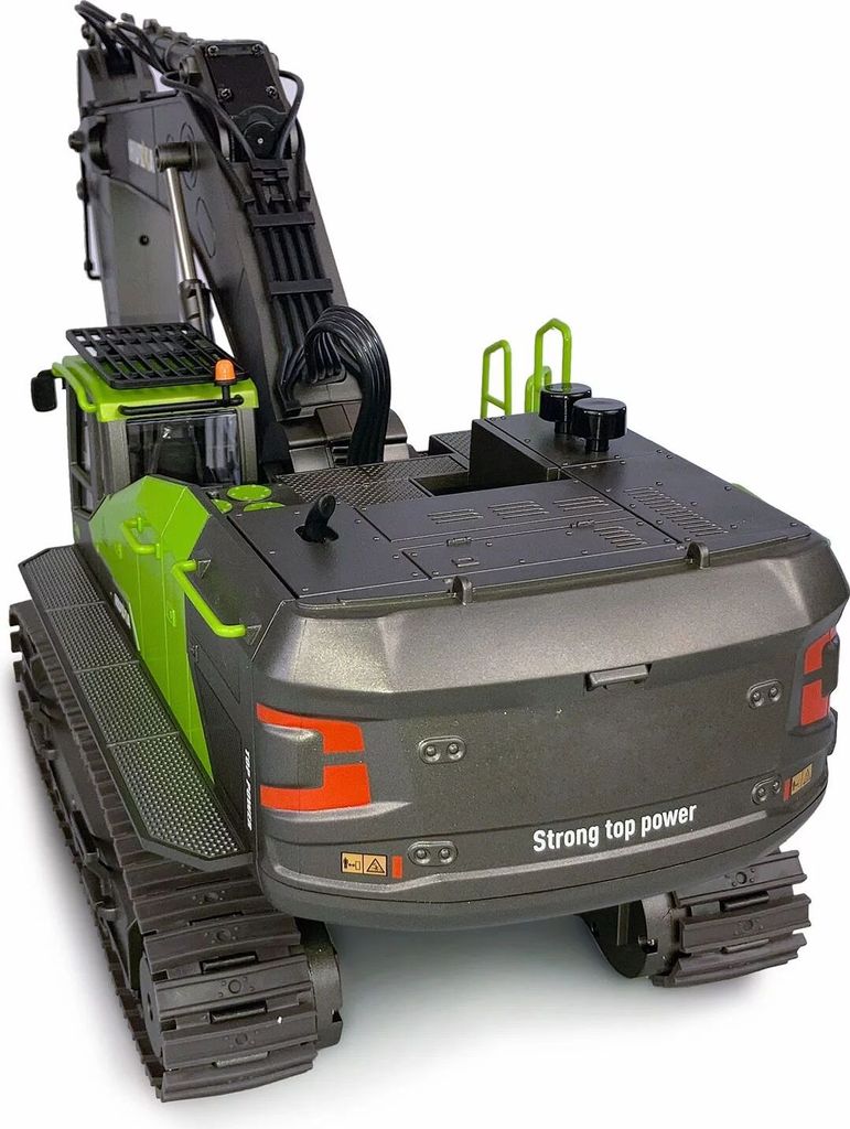 A rear view of a toy excavator on a white background.