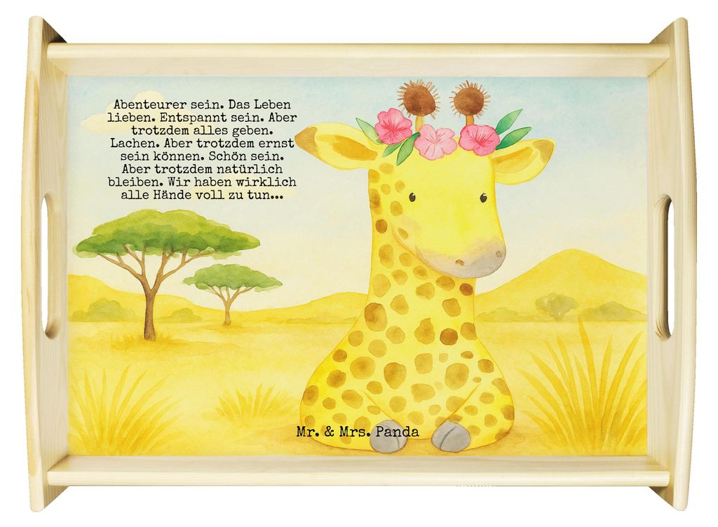 Mr. & Mrs. Panda Tablett Giraffe Blumenkranz Design - Weiß - Geschenk, Sofa, für bett, Serviertablett, Holztablett, Afrika, Abenteurer, Freundin,...