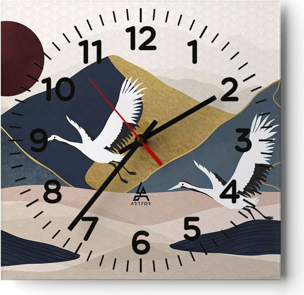 Wanduhr - Quadrat - Glasuhr - Kraniche Berge Sonne - 30x30cm - Schleichendes Uhrwerk - Lautlos - zum Aufhängen bereit - Dekoration Modern - Wandde...