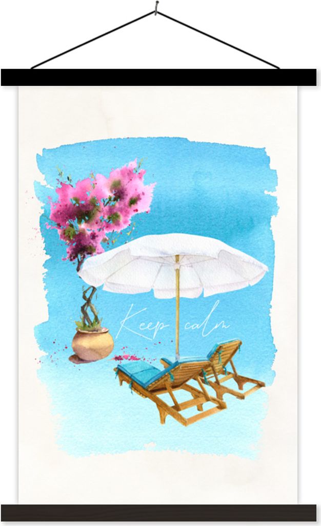 MuchoWow Textilposter Strandkorb - Blumen - Sonnenschirm - Zeichnung 40x60 cm mit schwarzem Rahmen - Wanddekorationen