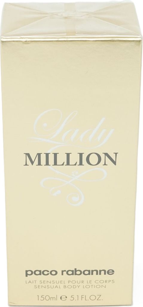 A close-up of a gold-colored box for Paco Rabanne Lady Million Sensual Body Lotion.