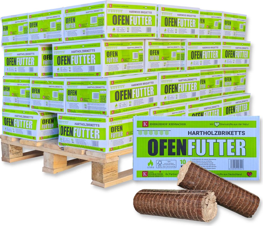 400 kg Nestro Briketts Hartholzbriketts aus Buche & Eiche im Karton | 40 x 10 kg Holzbrikett auf Palette | Energie Kienbacher