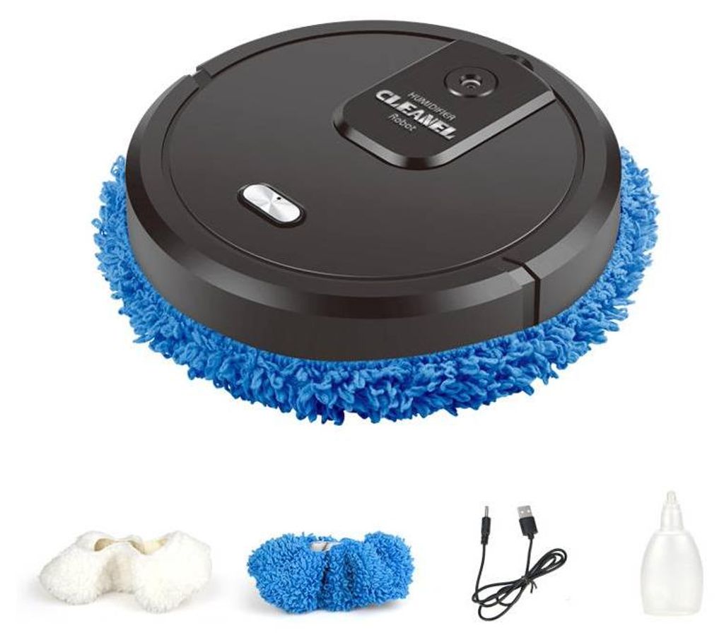 A black robot vacuum cleaner with a blue mop pad is shown from a slightly elevated angle, with accessories displayed below.