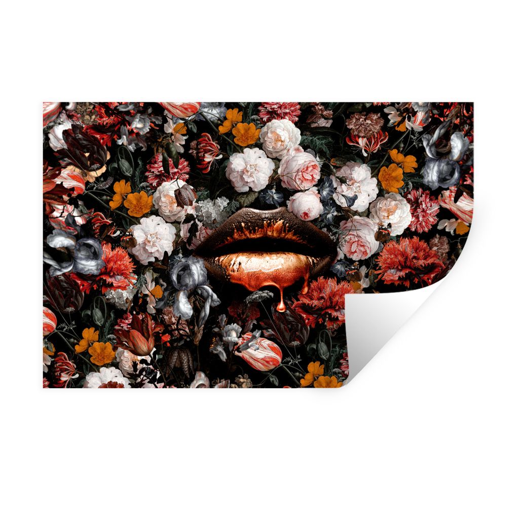 MuchoWow Wandtattoo Wandsticker Wandaufkleber Lippen - Blumen - Farbe - Orange - Kunst - Abstrakt - Alte Meister 120x80 cm Selbstklebend und Repo...