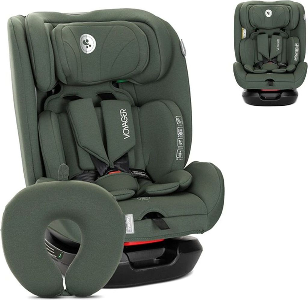 A child car seat and a travel pillow are shown against a white background. A smaller inset image shows the car seat from the front.