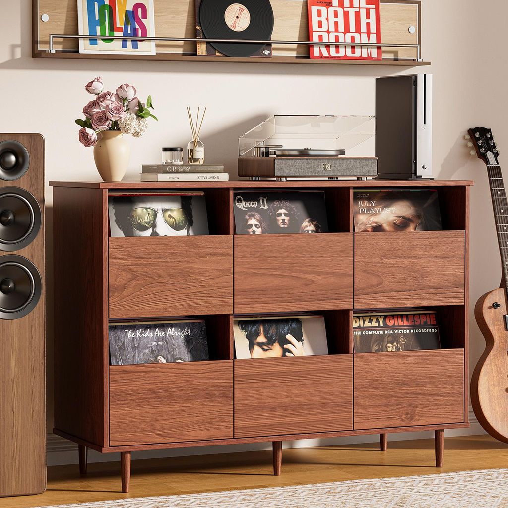 BROTTAR Plattenspielerschrank mit Schallplattenregal - Vinyl Aufbewahrung für 7/10/12 Zoll LPs mit Schubladen