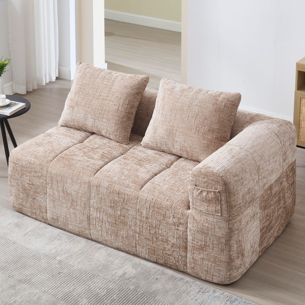 Sweiko Bequemes Sofa für 2 Personen, kein Zusammenbau erforderlich, flauschiges Sofa mit einem Kissen, Seitentaschen für Fernbedienung und Handy,...